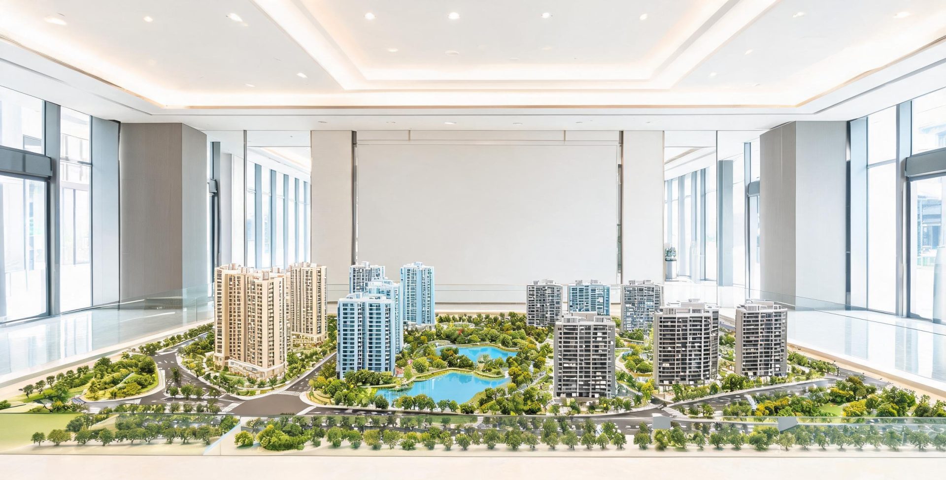 全彩3D打印楼盘沙盘案例：售楼处社区模型12天交付，园林水系色彩分明